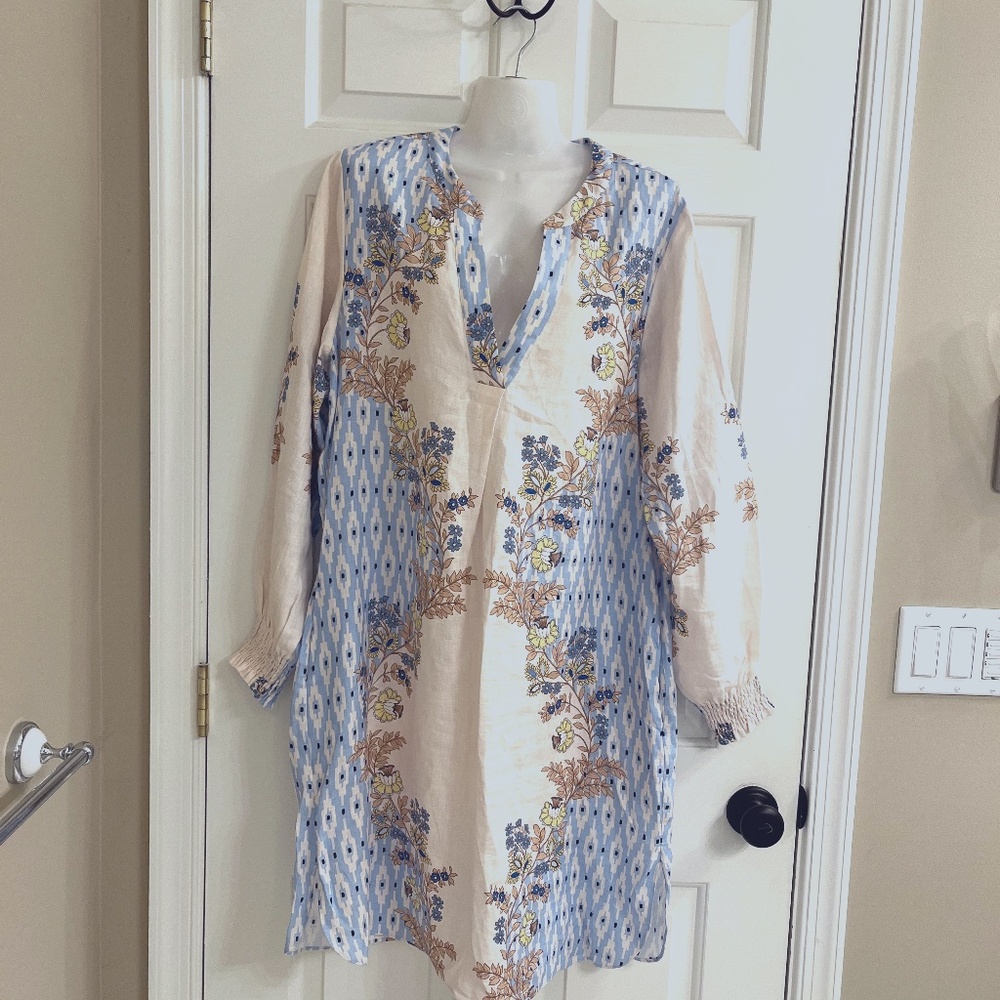 Light Blue & Cream Floral Long Sleeve Tunic Dress